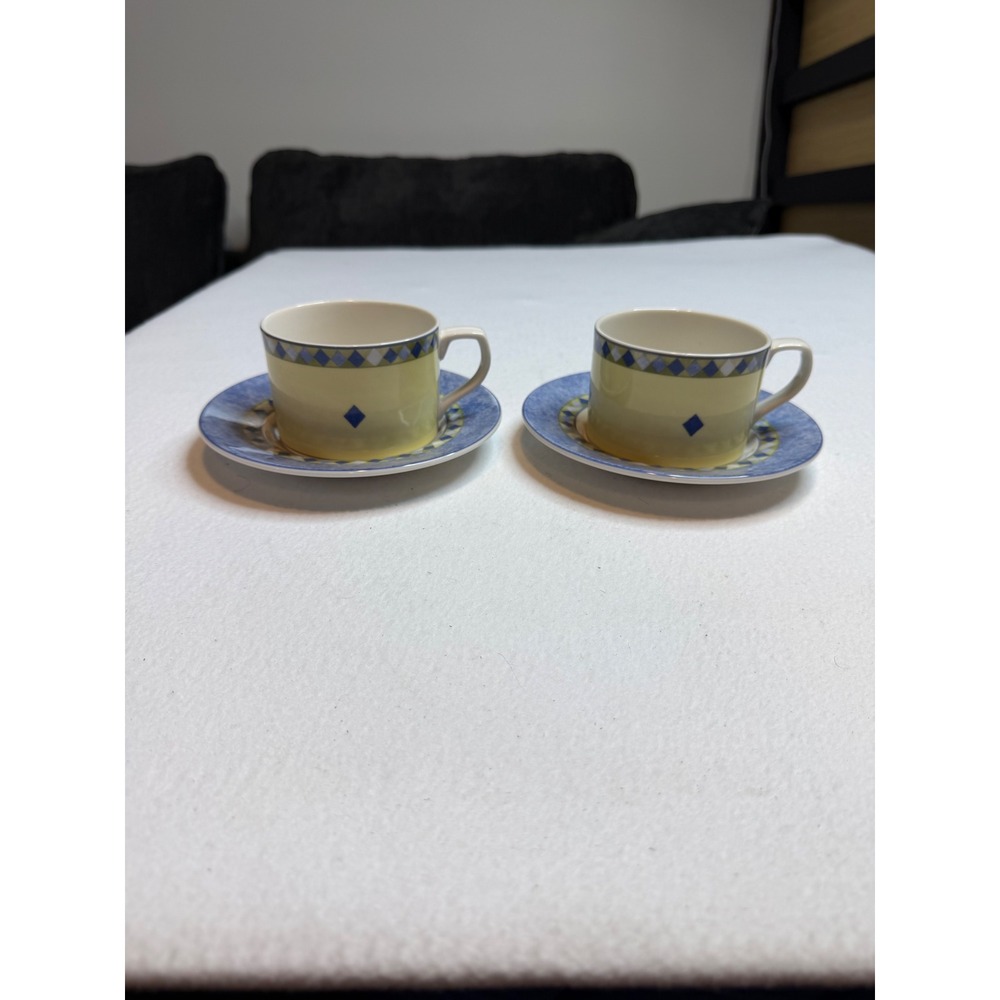 Royal Doulton Carmina Flat Espresso Cup and Saucer Set/2 Blue Yellow Fine China